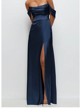 After Six Navy Off-Shoulder Satin Gown with Front Slit